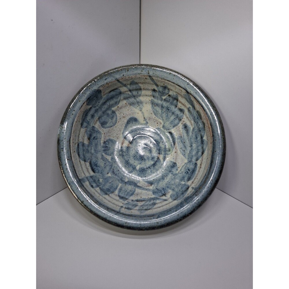 Studio Art Pottery Signed Bowl Blue Floral Hand Painted Stoneware 5.5" Glazed